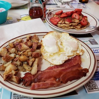 Yellow Bird Cafe - Yellow Bird breakfast...added chocolate chips and strawberries to the pancakes - Breakfast & Brunch Near Me - Hammond, Louisiana