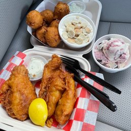 Clam cakes, clam chowder, fried fish Clam cakes, clam chowder, fried fish