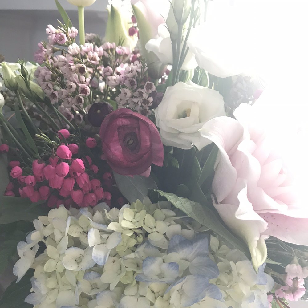 Beautiful double lily, ranunculus, lisianthus, frilled tulips, boronia and hydrangea. Beautiful double lily, ranunculus, lisianthus, frilled tulips, boronia and hydrangea.
