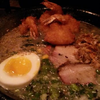 RAMEN-SAN - Toasted sesame ramen - pork broth, fried shrimp, buttered corn, molten egg, chashu pork - Ramen Near Me - Chicago, Illinois RAMEN-SAN - Toasted sesame ramen - pork broth, fried shrimp, buttered corn, molten egg, chashu pork - Ramen Near Me - Chicago, Illinois