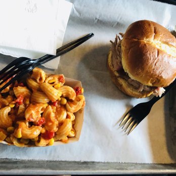 Pork Barrel BBQ - Pulled Pork Sandwich with pasta salad - Barbeque Near Me - Alexandria, Virginia Pork Barrel BBQ - Pulled Pork Sandwich with pasta salad - Barbeque Near Me - Alexandria, Virginia