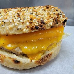 Green Chile Bagel Company - Sausage, Egg, Cheese on Everything Bagel.