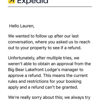 Big Bear Lake Front Lodge - Expedía unable to get resolution from the site despite a very clear change in price on the invoice they provided - Hotels Near Me - Big Bear Lake, California