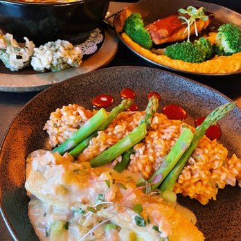Azie in Media - Seared Halibut (with kimchi risotto and asparagus) - Asian Fusion Near Me - Media, Pennsylvania Azie in Media - Seared Halibut (with kimchi risotto and asparagus) - Asian Fusion Near Me - Media, Pennsylvania