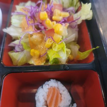 Koco Sushi - Bento box. Salmon roll veggie tempura, rice and salad. Don't like corn but I just removed it. Great dressing too. - Sushi Bars Near Me - Santa Ana, California