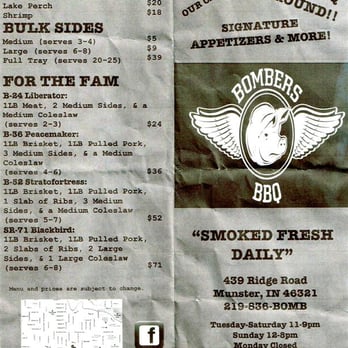 Bombers BBQ - Menu - Barbeque Near Me - Munster, Indiana