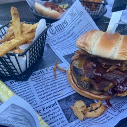 Danny Haskell's Pub - Haskell's burger (bacon, cheese, onion straws, bbq sauce) and chive fries