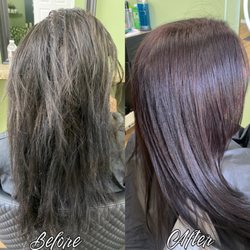 Before and after hair color service and smoothing deep conditioning scalp treatment.