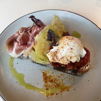 Two Hands - Prosciutto, heirloom, and egg on toast "tomato toast" - Breakfast & Brunch Near Me - Nashville, Tennessee Two Hands - Prosciutto, heirloom, and egg on toast "tomato toast" - Breakfast & Brunch Near Me - Nashville, Tennessee