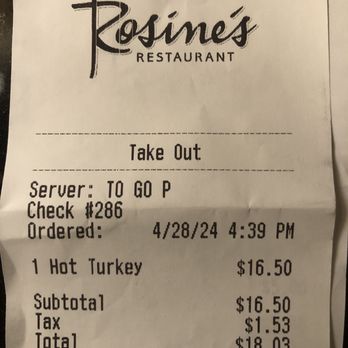 Rosine's Restaurant - Receipt total - American Near Me - Monterey, California