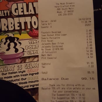 Moab Brewery - Our bill. Not worth it. What a big disappointment. - American Near Me - Moab, Utah