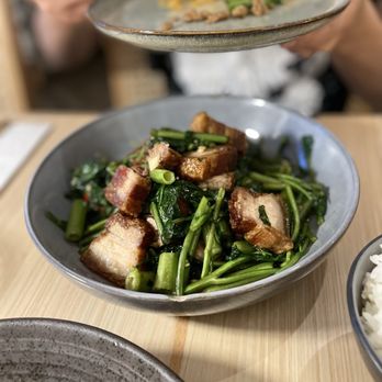 When In Bangkok - Crispy pork belly with watercress. Sooo tasty! Crispy not oily, very flavorful. - Thai Near Me - Flushing, New York When In Bangkok - Crispy pork belly with watercress. Sooo tasty! Crispy not oily, very flavorful. - Thai Near Me - Flushing, New York
