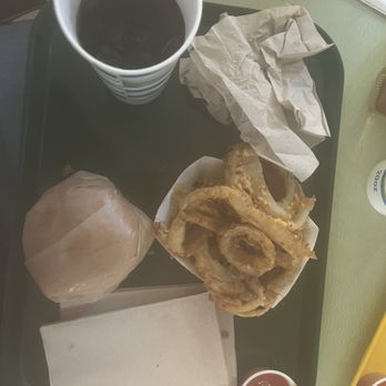 Krazy Jim's Blimpy Burger - My triple burger with pepper jack cheese and lightly breaded onion rings!! Yummy - Burgers Near Me - Ann Arbor, Michigan