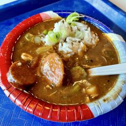 Betty Mae's - Legit chicken & sausage gumbo file, "cup" size for $9. Pricey, yes, but the flavor was PERFECT.