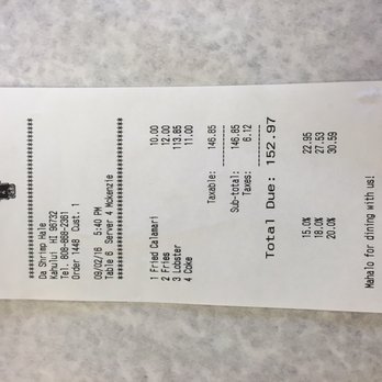 Da Shrimp Hale - Here is the bill for 4 people.  The other person did not eat. - Seafood Near Me - Kahului, Hawaii