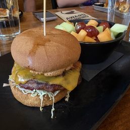 Gluten free pub burger with subbed fruit side Gluten free pub burger with subbed fruit side