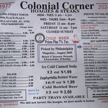 Colonial Corner Hoagie Shop - Menu July 2024 - Sandwiches Near Me - Pinellas Park, Florida Colonial Corner Hoagie Shop - Menu July 2024 - Sandwiches Near Me - Pinellas Park, Florida
