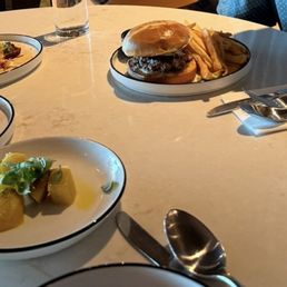 Hamburger with fried, beets, quesadillas, taco Hamburger with fried, beets, quesadillas, taco