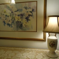 Lamp Shade Shoppe, Ltd. - My hand painted porcelain lamp, their lamp shade, and connector pieces to raise the shade to proper height.