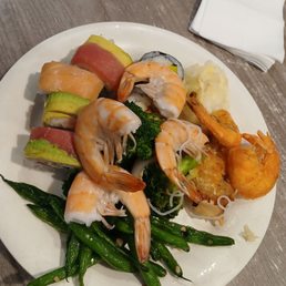 Shrimp, veggies and sushi Shrimp, veggies and sushi