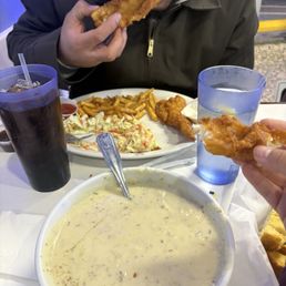 Clam chowder and fish and chips YUM! Clam chowder and fish and chips YUM!
