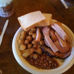 Turkey, pork tenderloin, brisket (buried below the rest), okra, cowboy beans, white bread and a spot of sweet tea.