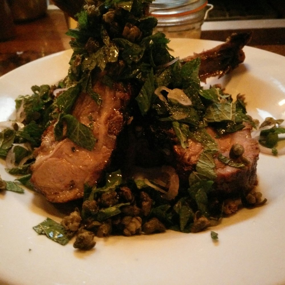 Gus - Lamb chop with mint salad and fried caper.  You can taste every ingredient on this dish!  Simply amazing! - Seafood Near Me - Montreal, Quebec