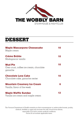 Menu photo 1 The Wobbly Barn Killington, VT