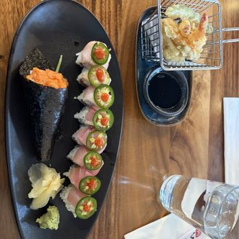 Sushigah - Shrimp & Veggie Tempura, Yellowtail Special Roll, and Spicy Salmon Hand Roll - Sushi Bars Near Me - Pasadena, California