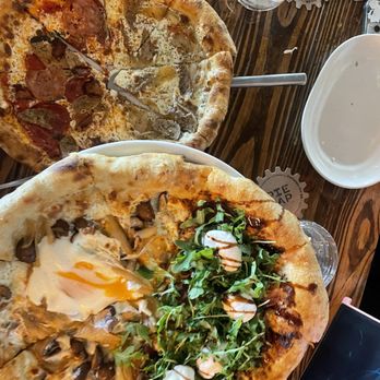 Pie Tap Pizza + Rotisserie + Bar - Bottom: half sausage half salami  Too: half prosciutto half mushroom - Pizza Near Me - Fort Worth, Texas