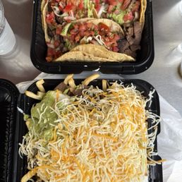 Carne asada tacos and carne asada fries