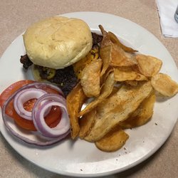 Interurban - Honey Pepper Bacon Burger with potato chips