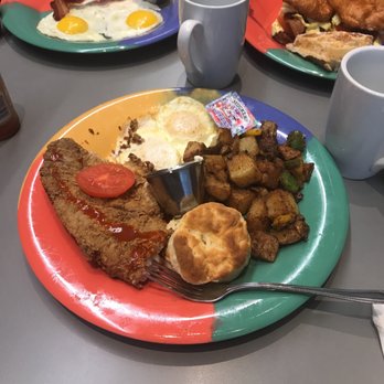 The Breakfast Klub - Catfish with hot sauce. Swapped out the grits for potatoes. Yummm. - Southern Near Me - Houston, Texas