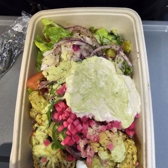 NAYA - Vegan cauliflower bowl with everything minus eggplant plus verde salsa - Mediterranean Near Me - New York, New York NAYA - Vegan cauliflower bowl with everything minus eggplant plus verde salsa - Mediterranean Near Me - New York, New York