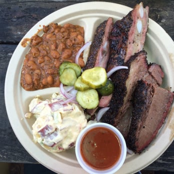 Micklethwait Craft Meats - 2 meat plate with brisket, pork ribs, beans and potato salad. Those homemade pickles were awesome(and Free) - Food Trucks Near Me - Austin, Texas