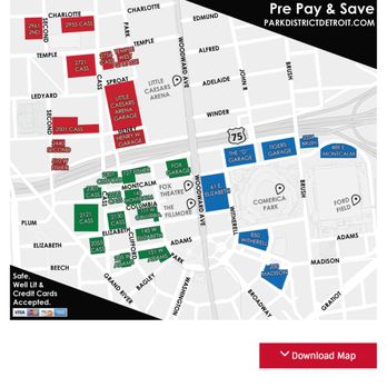 Detroit Red Wings - Parking map for Red Wings games. Save time and pre-pay at parkdistrictdetroit.com. - Professional Sports Teams Near Me - Detroit, Michigan