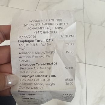 Vogue Nail Lounge - Receipt - Nail Salons Near Me - Schaumburg, Illinois Vogue Nail Lounge - Receipt - Nail Salons Near Me - Schaumburg, Illinois