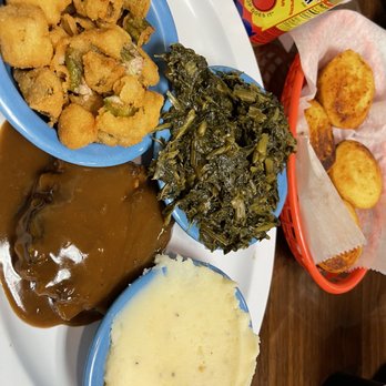 Trading Post Cafe - Chop steak w/gravy, mash potatoes, turnips, okra and corn bread - Southern Near Me - Villa Rica, Georgia Trading Post Cafe - Chop steak w/gravy, mash potatoes, turnips, okra and corn bread - Southern Near Me - Villa Rica, Georgia