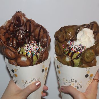 Golden Bubbles - Taro mochi with matcha ice cream & matcha mochi with match ice cream - Waffles Near Me - Toronto, Ontario Golden Bubbles - Taro mochi with matcha ice cream & matcha mochi with match ice cream - Waffles Near Me - Toronto, Ontario