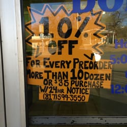 Donna's Donuts - 10% off for every purchase above $35 or with an order of 10 dozen or more.