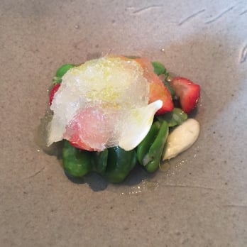 Brae - Chilled broth of broad bean, green almond and strawberry, fig leaf and yogurt whey - Australian Near Me - Birregurra, VIC