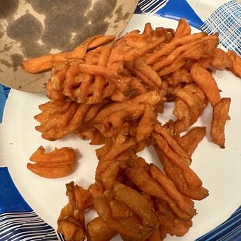 The Stand - American Classics Redefined - Sweet Potato Fries. The bag and cardboard container were pretty greasy. - American Near Me - San Jose, California