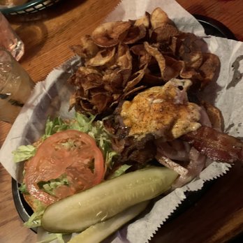 Ringside Cafe - My delicious The Duran Cajun Bleu Burger with House chips - Bars Near Me - Columbus, Ohio