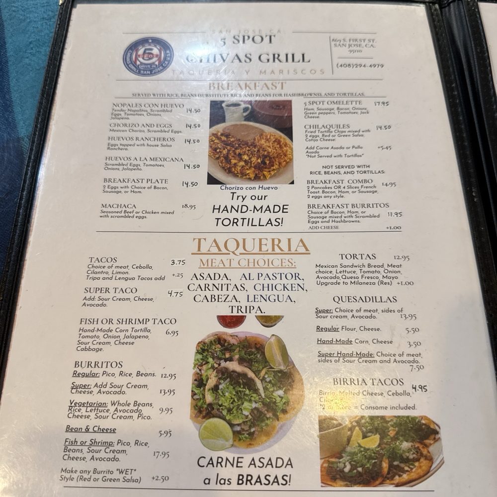 5 Spot Chivas Grill - Menu page 2 - Mexican Near Me - San Jose, California