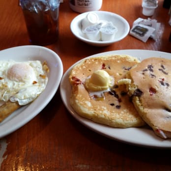 Eggs N'at - Strawberry chocolate chip pancakes with a side of sausage and egg- great value AND delicious! - Breakfast & Brunch Near Me - Coraopolis, Pennsylvania