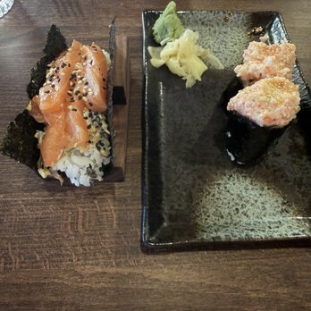 Torikaya - Hand Roll - Northwest - salmon (Left)     Nigiri - Tori Gunmaki - Baked Seafood (Right) - Sushi Bars Near Me - Chattanooga, Tennessee
