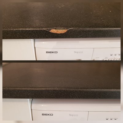 Rental property damage done to laminate worktop - Not sure what the tenants did to this worktop, but the landlord was saved the hassle of needing to replace it.