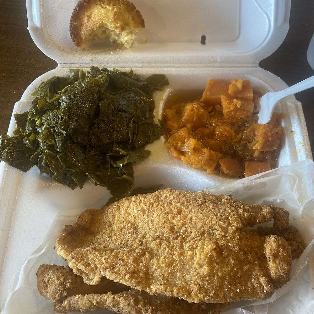 2pc catfish with collard greens & yams cornbread 2pc catfish with collard greens & yams cornbread