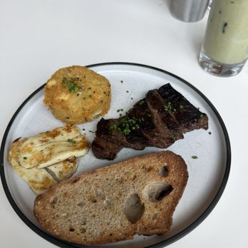 Two Hands - Ordered all sides. Steak, sourdough bread, halloumi cheese and hash brown. Also got the strawberry rose matcha which was very good. - Australian Near Me - Denver, Colorado Two Hands - Ordered all sides. Steak, sourdough bread, halloumi cheese and hash brown. Also got the strawberry rose matcha which was very good. - Australian Near Me - Denver, Colorado