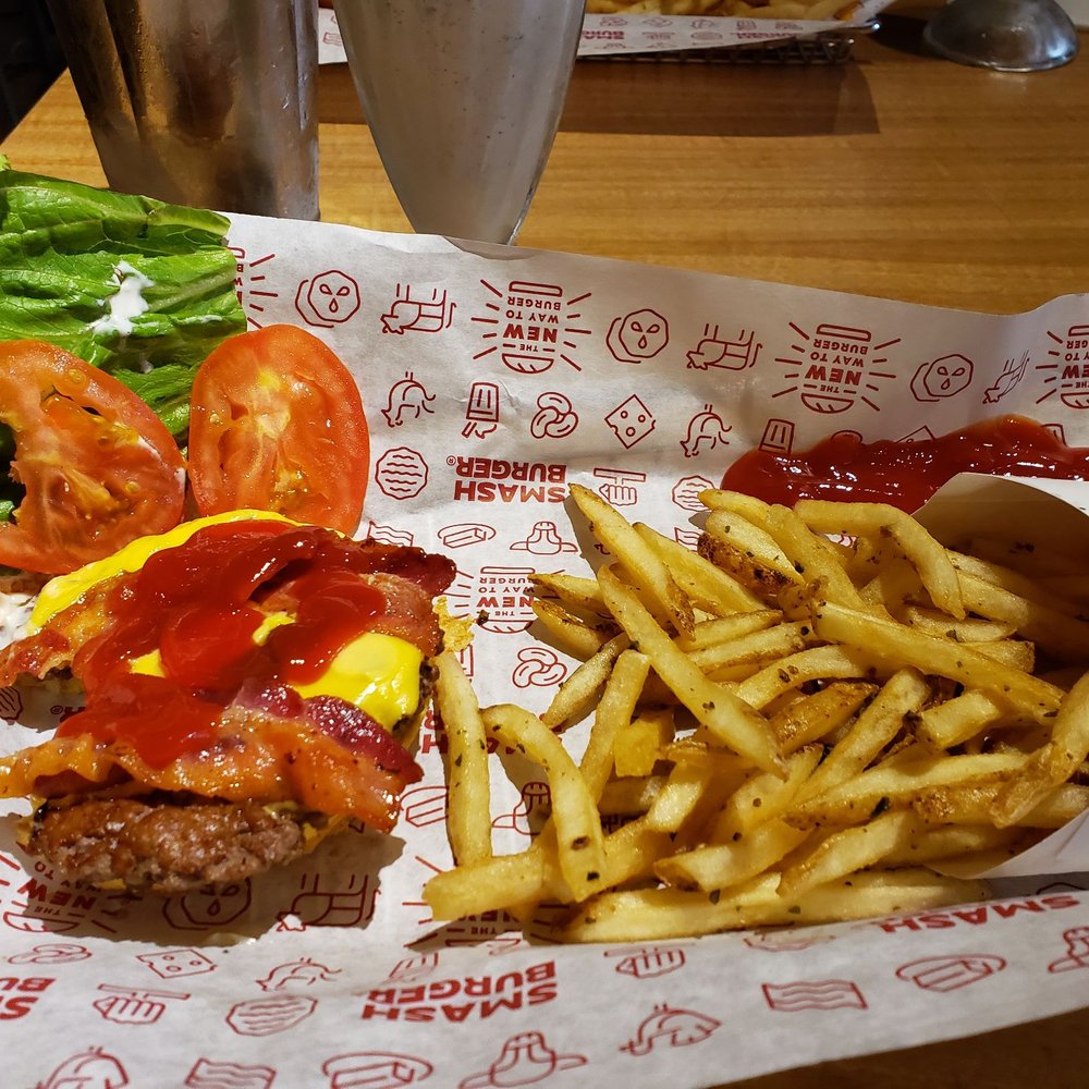 Smashburger - Single Bacon Burger and the stale smash fries. - Burgers Near Me - Westwood, Massachusetts Smashburger - Single Bacon Burger and the stale smash fries. - Burgers Near Me - Westwood, Massachusetts